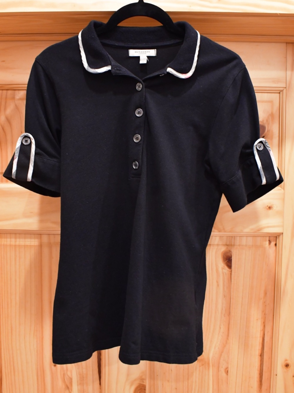 Burberry Black Polo with Classic Plaid Contrast Trim Short Sleeve Button UpTop M